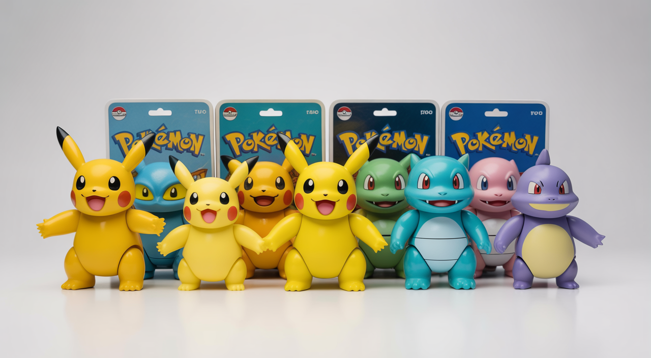 Rare Pokémon action figures collection displayed on a shelf in 2024
