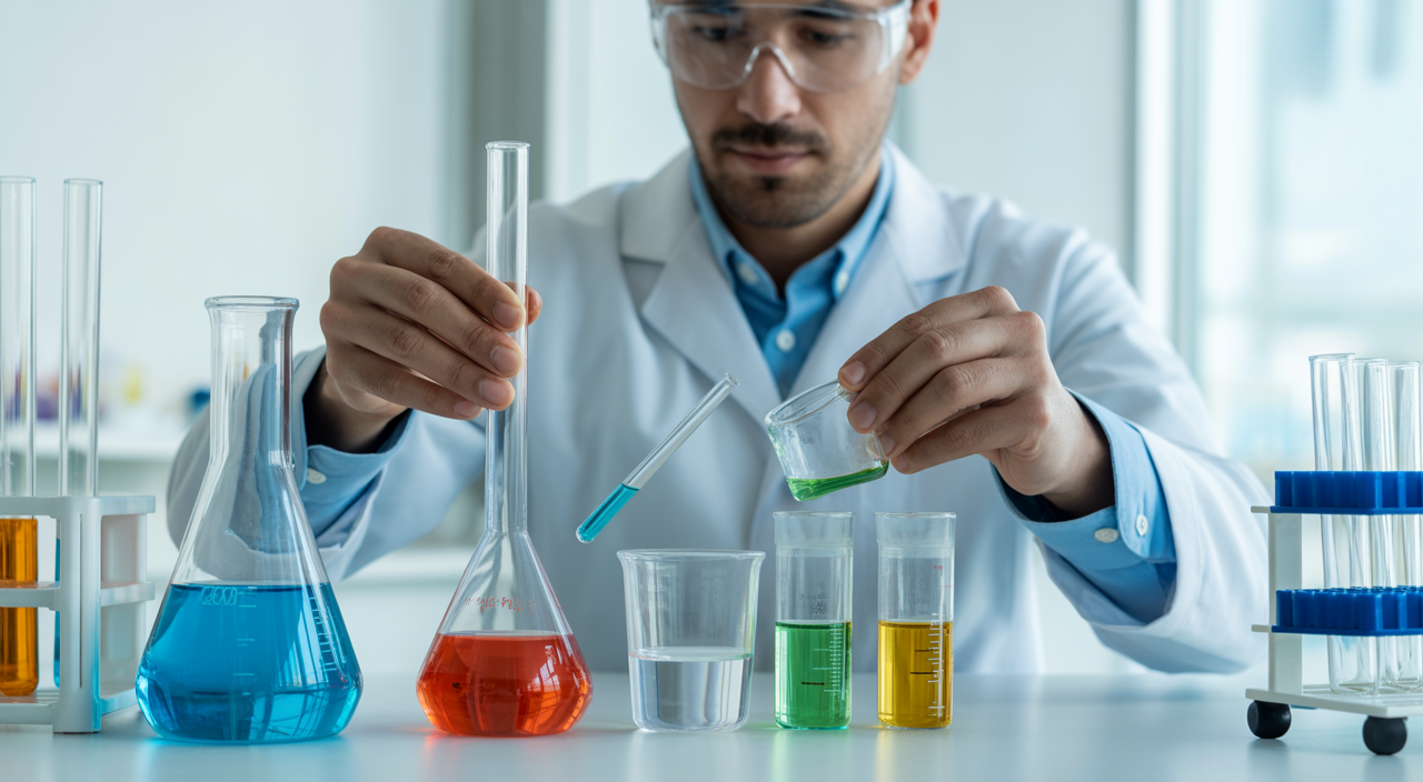 Industrial chemical supplier reviewing product quality reports in a warehouse