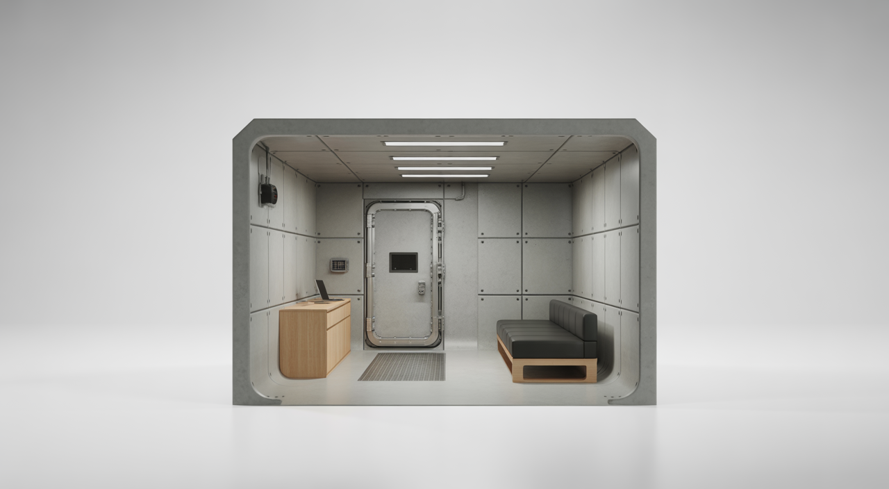 Residential safe room design concept showing a secure, reinforced space within a modern Indian home