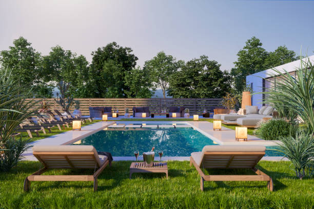 Modern Luxury Villa With Large Terrace, Swimming Pool, Sofa And Lounge Chairs
