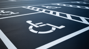 Professionally striped parking lot with handicap parking stencil
