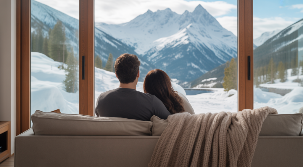 Couple relaxing in a modern cabin with a scenic view of snowy Big Bear mountains, evoking a romantic winter getaway.