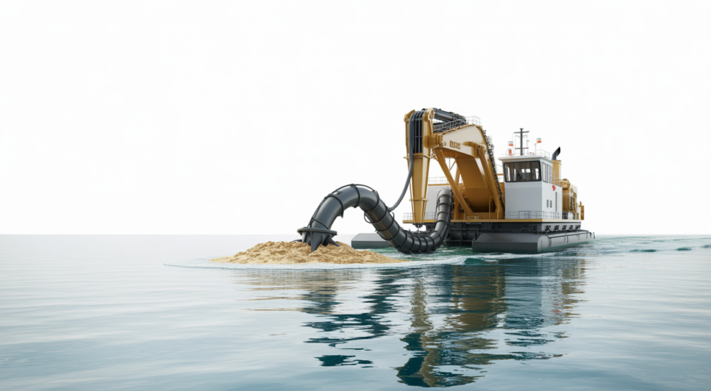 Large industrial sand dredge operating on a calm body of water, extracting aggregates, symbolizing resource extraction and environmental management.