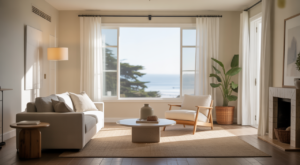 Wide shot of a pristine, modern living room with ocean view, symbolizing a clean home and relaxed lifestyle provided by Santa Cruz cleaning services.