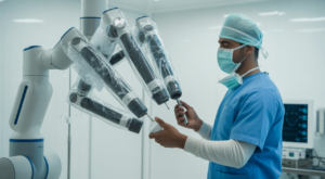Orthopedic surgeon using a robotic arm for a knee replacement, highlighting modern surgical precision.
