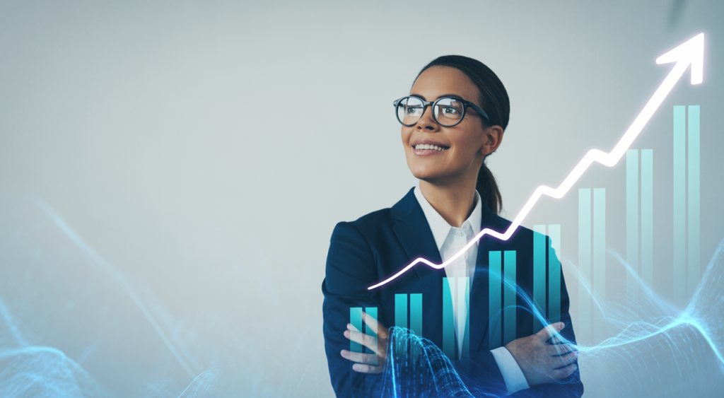 Business professional interacting with a holographic display representing a modern digital experience platform.