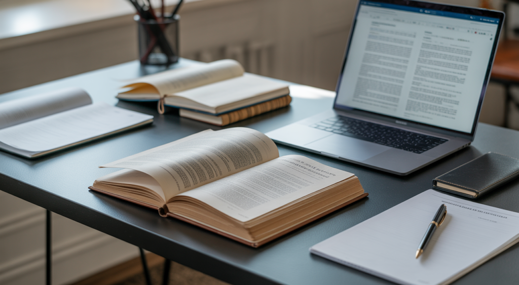 Professional academic editing workspace with scholarly documents and a laptop, symbolizing academic success and refined writing.