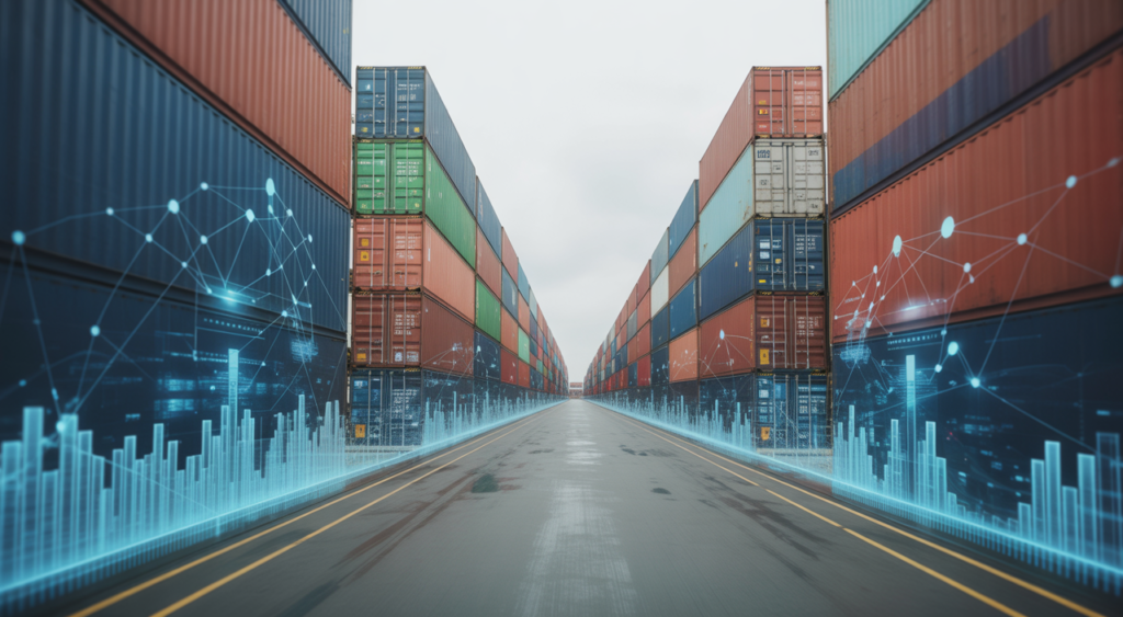 Hero image of shipping containers at a global port representing streamlined international trade and AEO T1 certification benefits