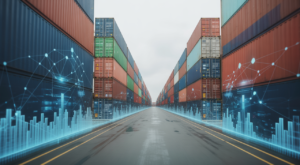 Hero image of shipping containers at a global port representing streamlined international trade and AEO T1 certification benefits