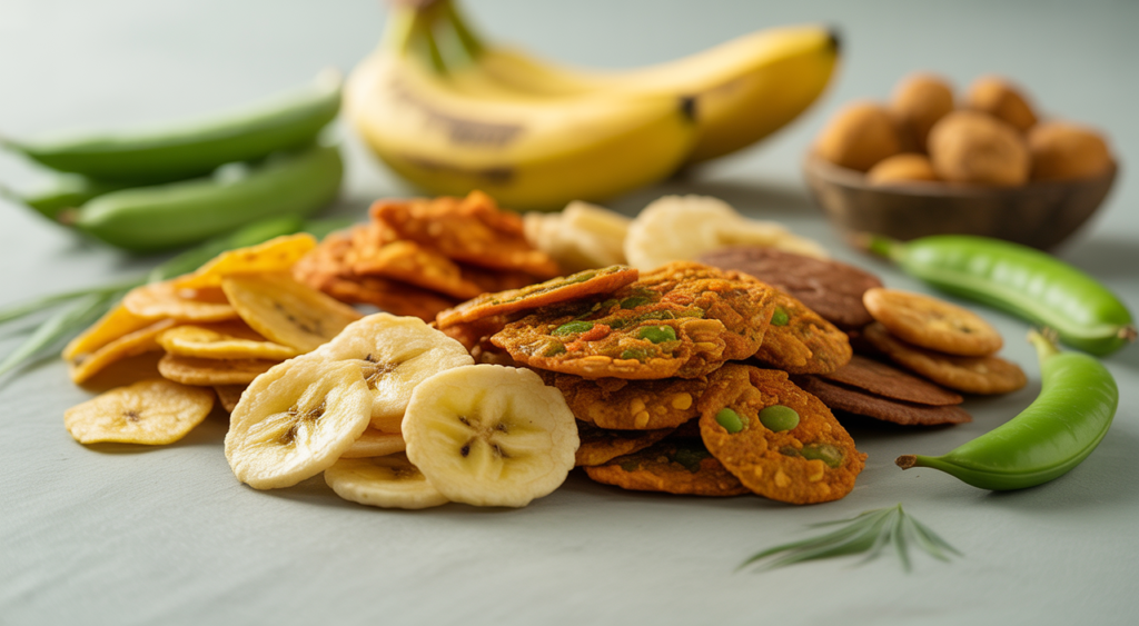 A wide-angle, high-quality photograph showing a variety of organic Indian snacks like banana chips, namkeen, and spicy green peas on a white surface, emphasizing healthy, traditional treats without palm oil.
