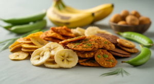 A wide-angle, high-quality photograph showing a variety of organic Indian snacks like banana chips, namkeen, and spicy green peas on a white surface, emphasizing healthy, traditional treats without palm oil.
