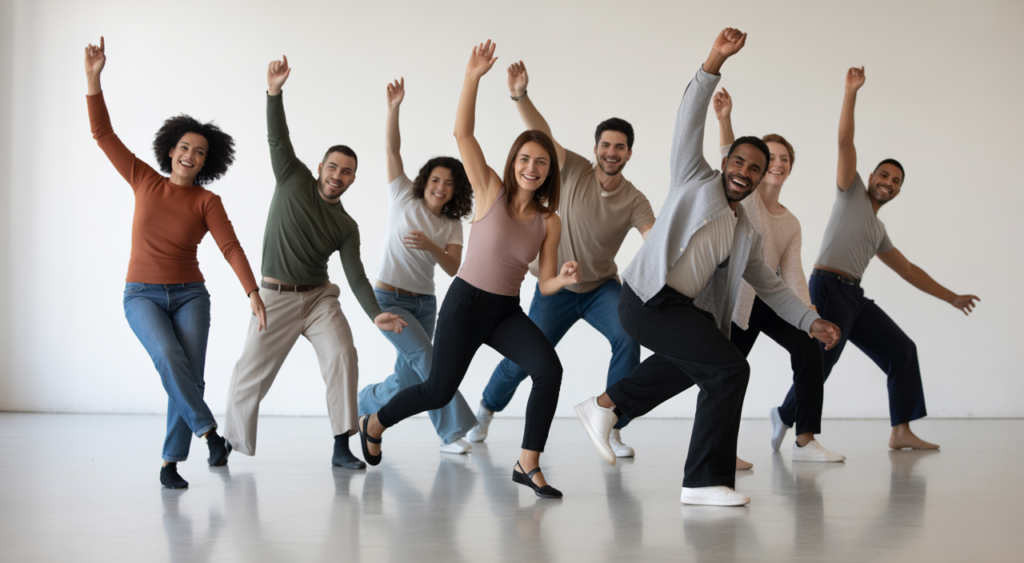 Diverse adults of varying ages and body types dancing joyfully in a bright, modern studio, representing adult dance classes in Toronto.