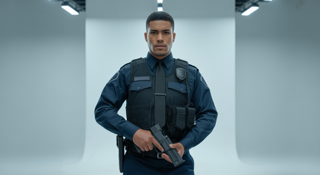 Professional armed security guard in a modern uniform, representing top-tier protection and peace of mind.
