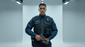 Professional armed security guard in a modern uniform, representing top-tier protection and peace of mind.