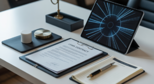 A close-up of a legal contract on a modern desk with a pen and a tablet displaying digital content, symbolizing legal protection for online businesses.