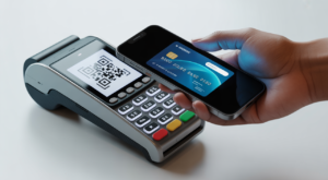 Hand holding smartphone scanning QR code with credit card integration for UPI payments