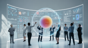Professionals collaborating on a holographic digital marketing strategy, symbolizing business growth and comprehensive solutions.