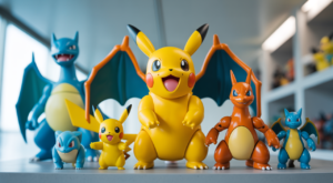 Rare Pokémon action figure collection displayed on a modern shelf with iconic characters in a clean white background