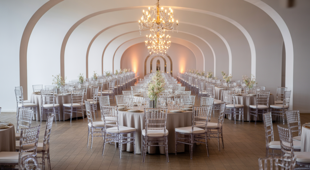 Elegant event setup with modern chairs, round tables, and sophisticated lighting, indicating a well-planned event rental service in Washington D.C.