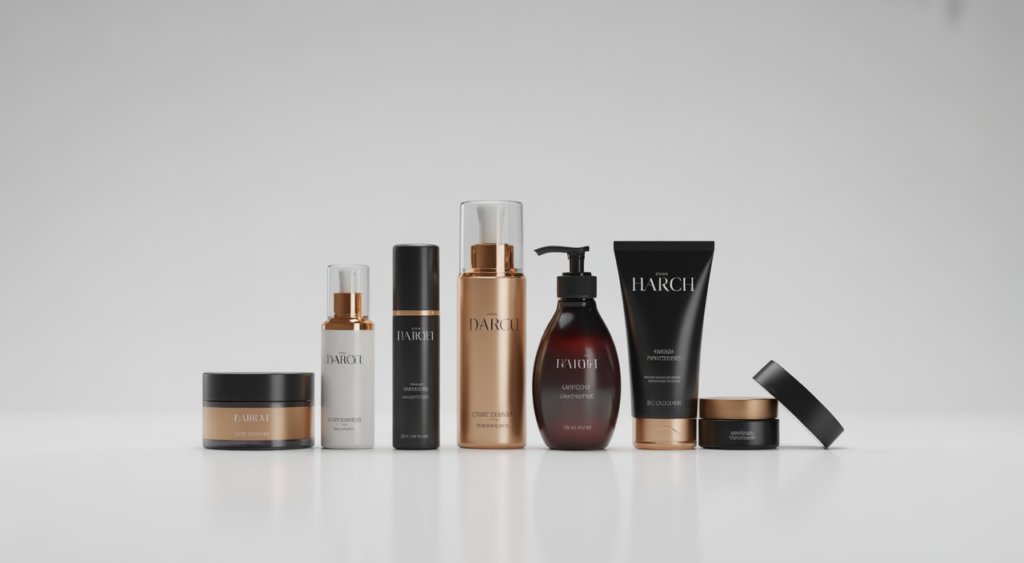 High-quality professional photograph of premium cosmetic products including skincare and haircare items on a clean white background