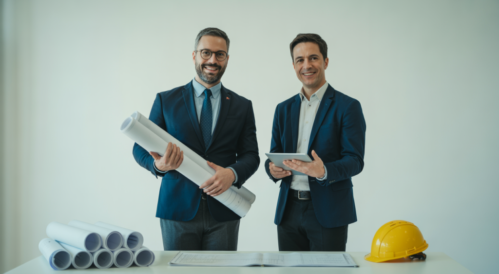 Architect and investor in a bright studio with rolled plans and blank-covered building code manuals on a white table, symbolizing building standards and compliance