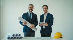 Architect and investor in a bright studio with rolled plans and blank-covered building code manuals on a white table, symbolizing building standards and compliance