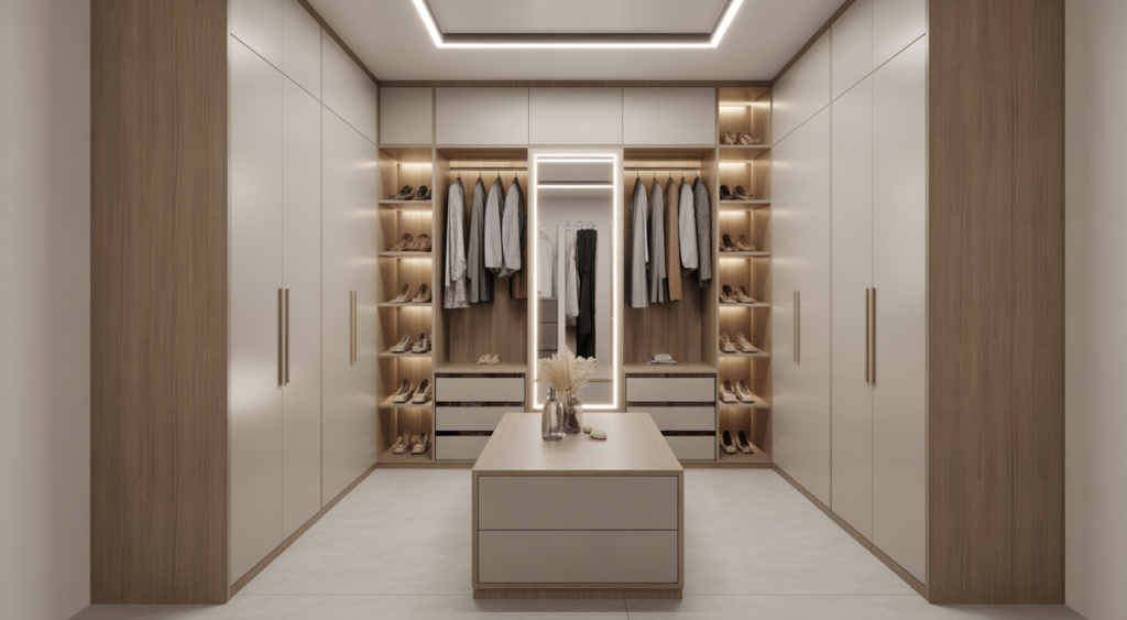 Photorealistic fitted walk-in wardrobe with light oak finishes, island bench and LED lighting
