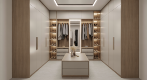 Photorealistic fitted walk-in wardrobe with light oak finishes, island bench and LED lighting
