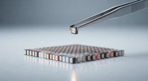 Close-up hero photo of miniature SMD and through-hole LEDs with a tweezer holding an SMD LED on a white background for model-making and electronics