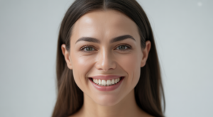 Close-up portrait of a confident woman showing perfect dental veneers with a bright smile on a clean white background