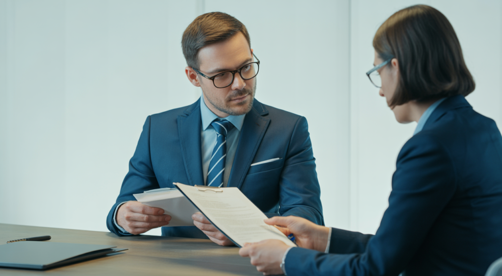 Software entrepreneur consulting with a SaaS agreement lawyer in a professional setting with white background