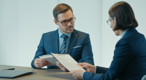 Software entrepreneur consulting with a SaaS agreement lawyer in a professional setting with white background
