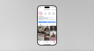Photorealistic image of a smartphone showing an Instagram profile with growing follower numbers on a clean white background