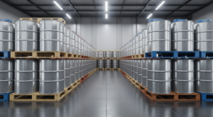 Photorealistic image of industrial chemical storage with drums and containers in a clean facility