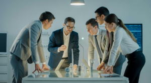 Photorealistic image of an architect collaborating with a team using digital tools in a bright professional setting, symbolizing collaborative design platforms in architecture