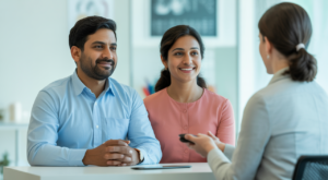 Indian couple consulting fertility specialist for egg donation IVF treatment planning in modern clinic