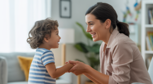 Photorealistic professional image of a child receiving in-home ABA therapy from a therapist in a cozy home setting with white background