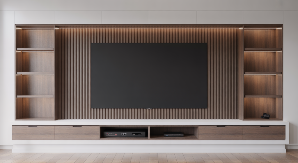 Modern living room with a custom media wall featuring a mounted flat-screen TV, built-in shelves, and ambient LED lighting against a clean white background