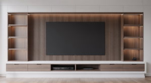 Modern living room with a custom media wall featuring a mounted flat-screen TV, built-in shelves, and ambient LED lighting against a clean white background