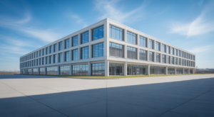 Photorealistic image of a modern commercial building representing professional facility management services in Dubai