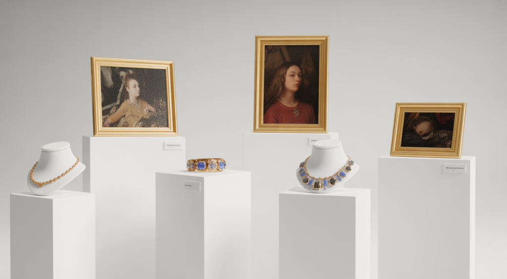 Fine art paintings and rare jewelry displayed elegantly on white pedestals with a neutral background