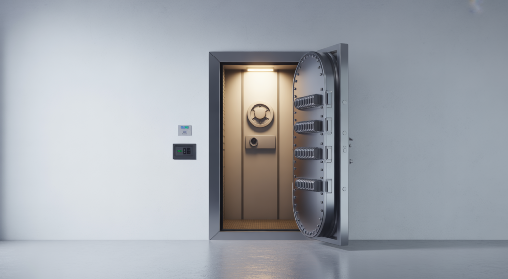 Hero image of a modern residential safe room entrance featuring a reinforced steel door with secure locking, clean white background