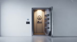 Hero image of a modern residential safe room entrance featuring a reinforced steel door with secure locking, clean white background