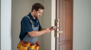 Professional handyman repairing a home door lock with tools on a clean white background