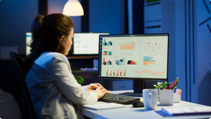 A detailed screenshot showcasing a user interface with colorful charts, graphs, and data analysis tools on a digital screen